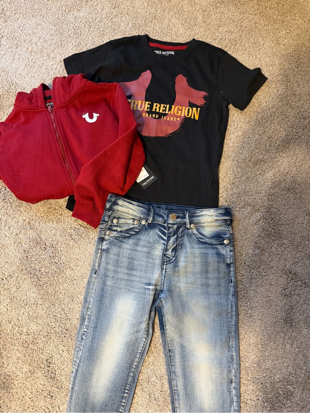 True Religion Kids Black Graphic Tee, Maroon zip up and jean Set - new w tags